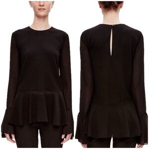 (A5) THEORY Black Knit blouse with ruffles and flared, transparent sleeves, Sz M
